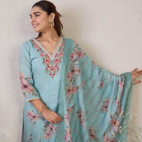 Sea Green Pink Coral Embroidered Kurta Set with Trousers & Dupatta - Picture 1 of 9